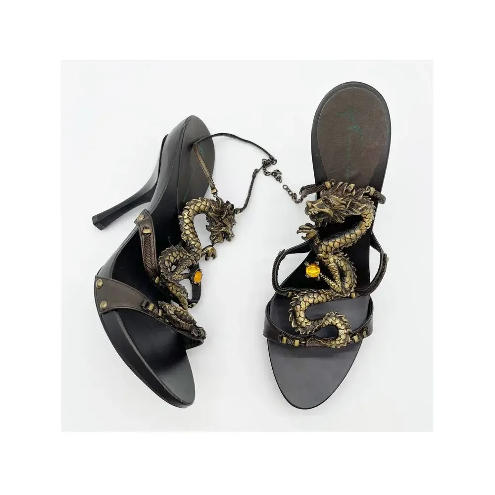 Giuseppe Zanotti Vicini Vintage Dragon Embellished Leather Heeled Sandals IT 36